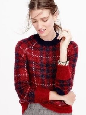 J Crew Women's Brushed Wool-Blend Crewneck Sweater in Plaid (S)